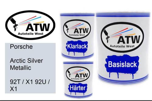 Porsche, Arctic Silver Metallic, 92T / X1 92U / X1: 1L Lackdose + 1L Klarlack + 500ml Härter - Set, von ATW Autoteile West.